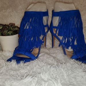 Beautiful Blue Suede Fringe Heeled Sandal